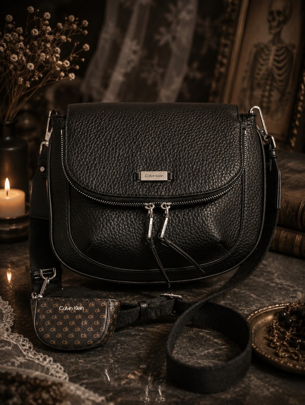 Calvin Klein Black Pebbled Leather Crossbody Bag Flap Purse w/ Matching Pouch